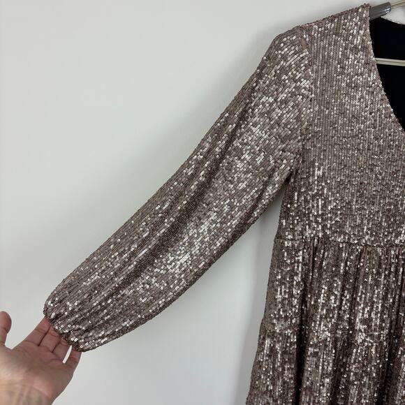 Cable & Gauge Rose Gold Sequin Mini Dress Babydoll Medium cocktail holiday - Picture 5 of 7